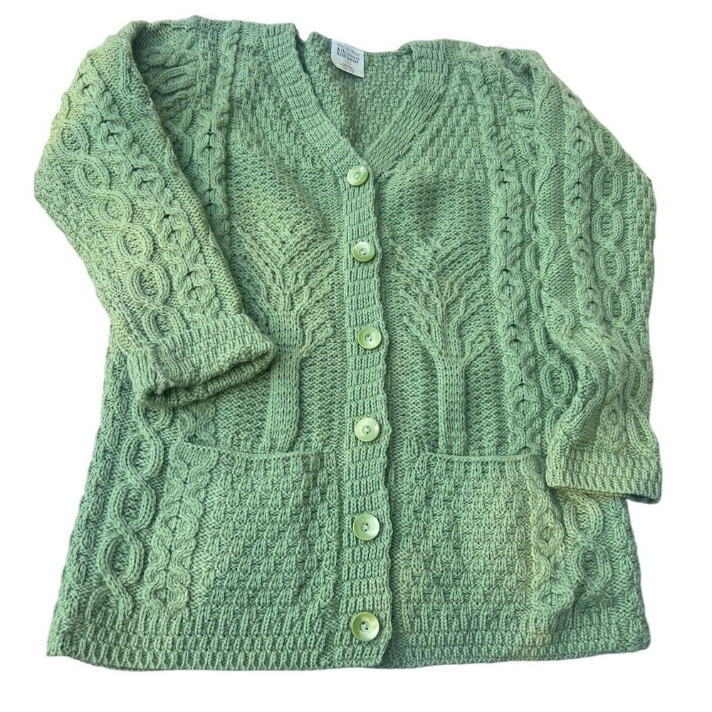 Kilronan Ireland Merino Wool Tree of Life Aran Cardigan Green Cable Knit M